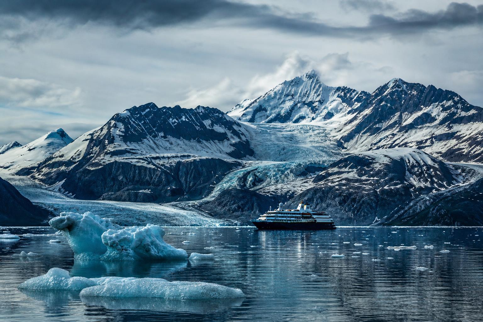 Small expedition ship among Alaska glaciers and mountains