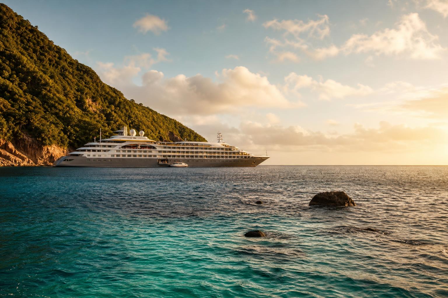 Cruise ship anchored off a beautiful island
