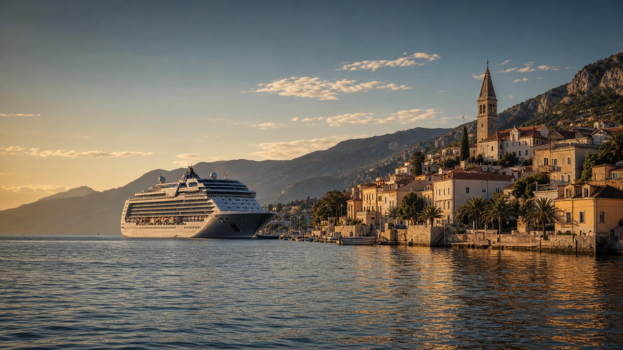 Cruise ship approaching a golden-lit European coastal town